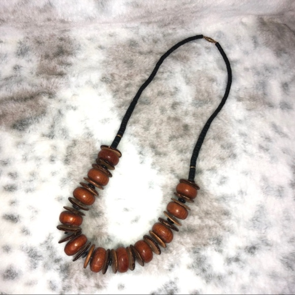 African Tribal Wooden Brown Beads Necklace 27" Festival Goth Retro